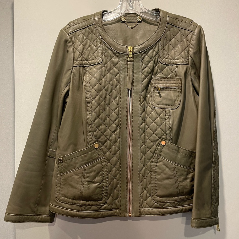 Tory Burch XL Leather Jacket Quilted Taupe/Gray Moto Style EUC - Picture 4 of 12